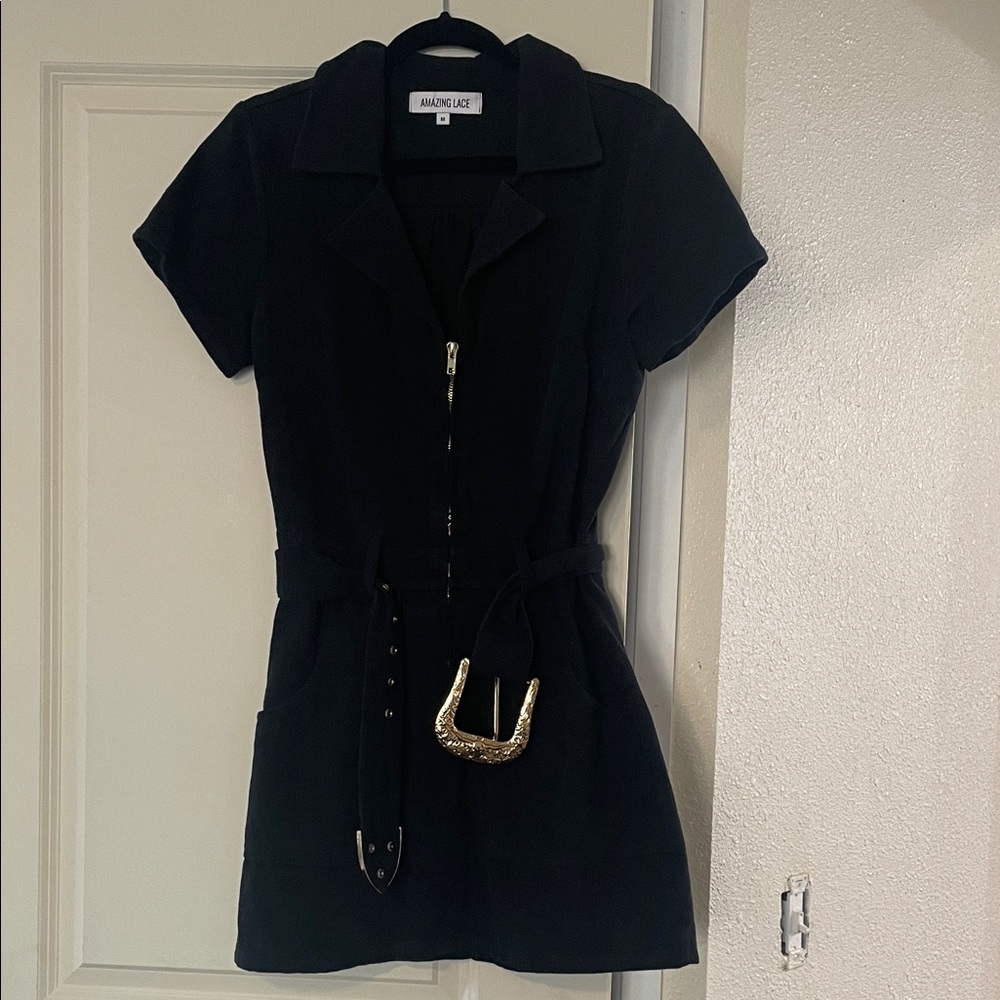 Amazing Lace Black Mini Dress with Gold Buckle